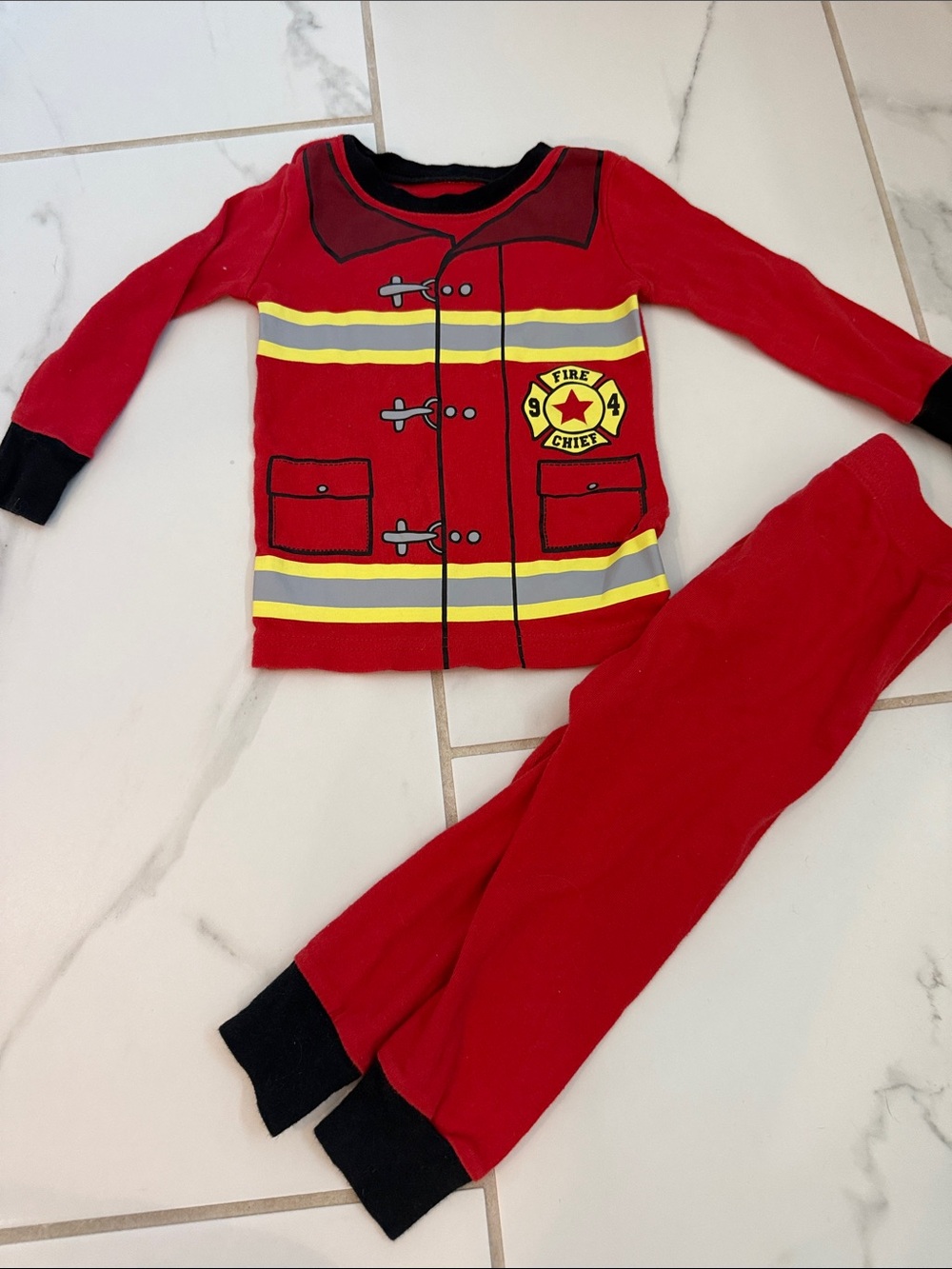 Old Navy Red Firefighter Pajama Set with Yellow Reflective Stripes